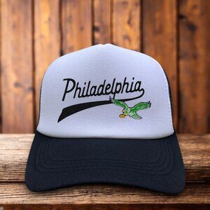 Philadelphia Eagles Script Mens Trucker Hat Black Snapback Retro Football Cap